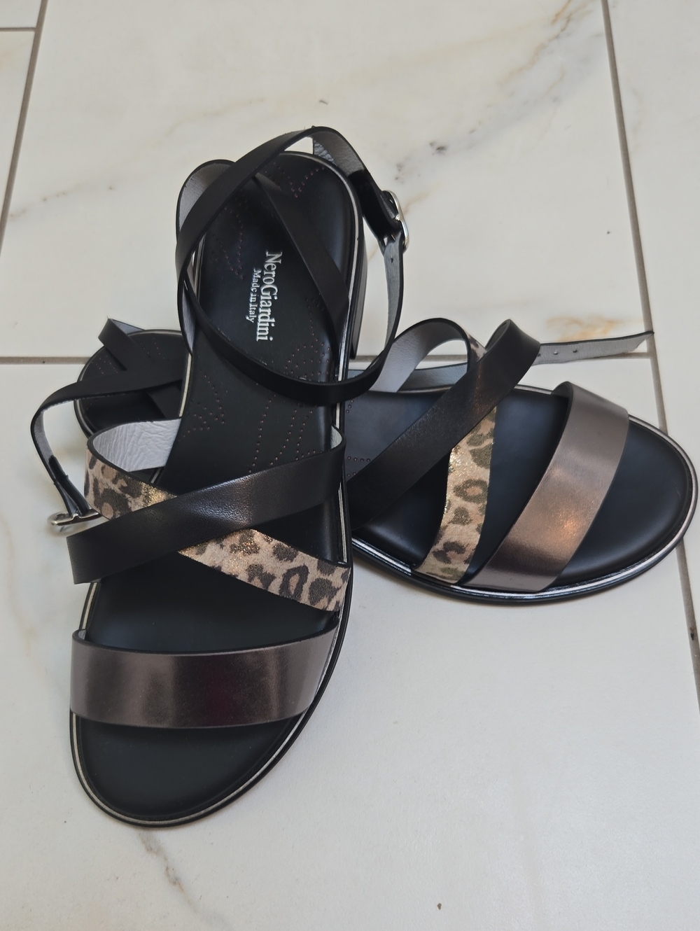 Nero Giardini Black, Brown & Leopard Leather Strappy Sandals